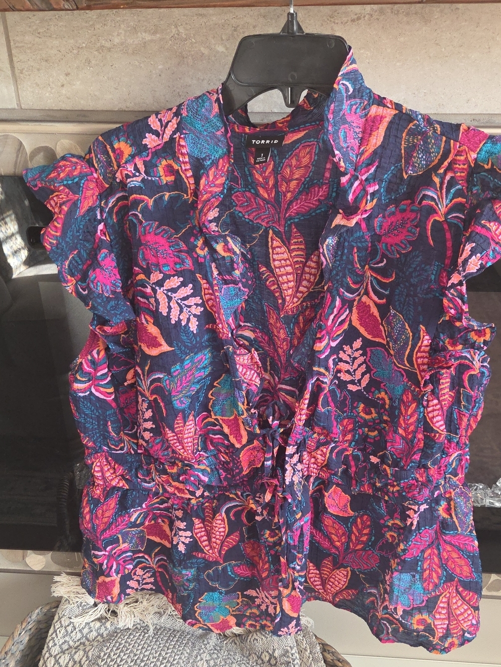 torrid Navy Floral Ruffle Tie-Front Top with Pink and Orange Accents